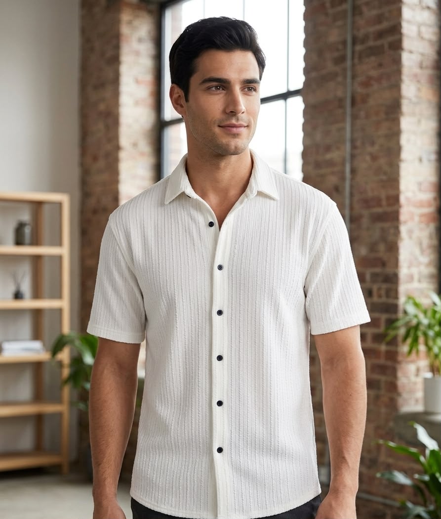 Men’s Textured Cable-Knit Short Sleeve Shirt