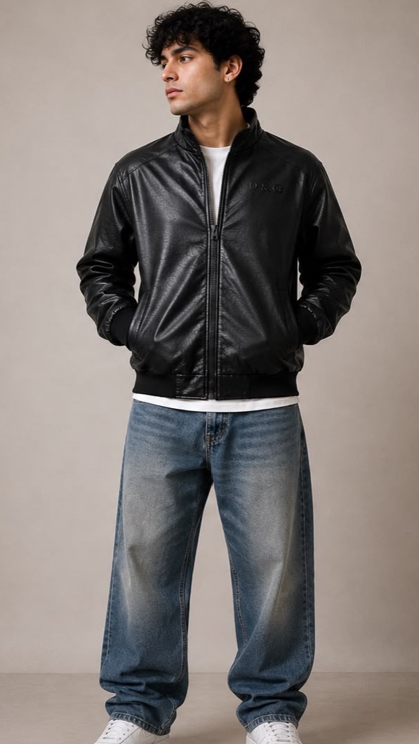 Unisex Classic Black Leather Bomber Jacket