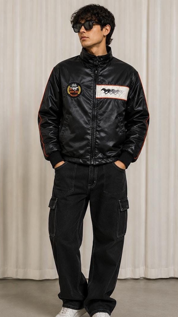 Unisex Indy 500 Racing Faux Leather Jacket – Black