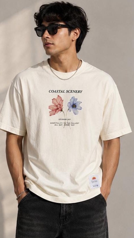 Coastal Scenery Floral Graphic Oversized Unisex Cotton T-Shirt