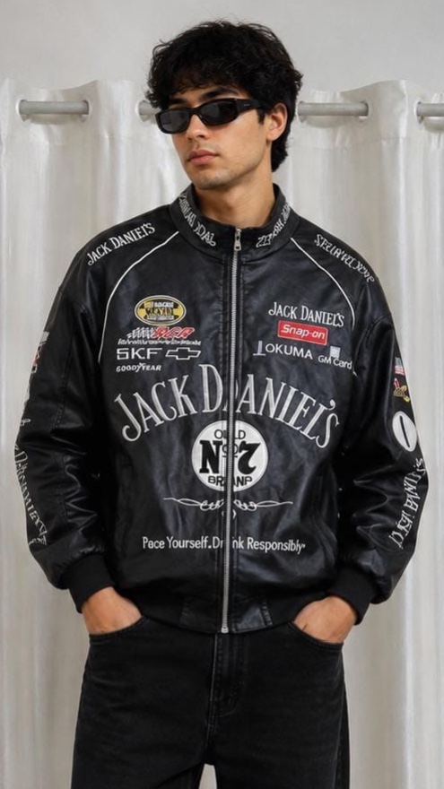 Unisex Vintage Racing Faux Leather Bomber Jacket – Black