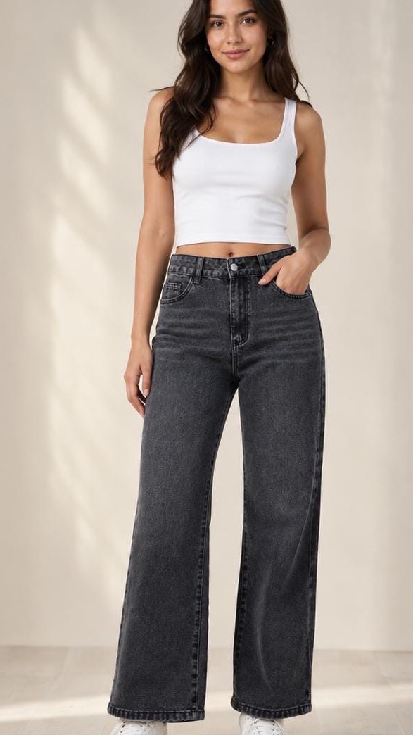 Women’s Vintage Washed Wide Leg Jeans – Charcoal Black